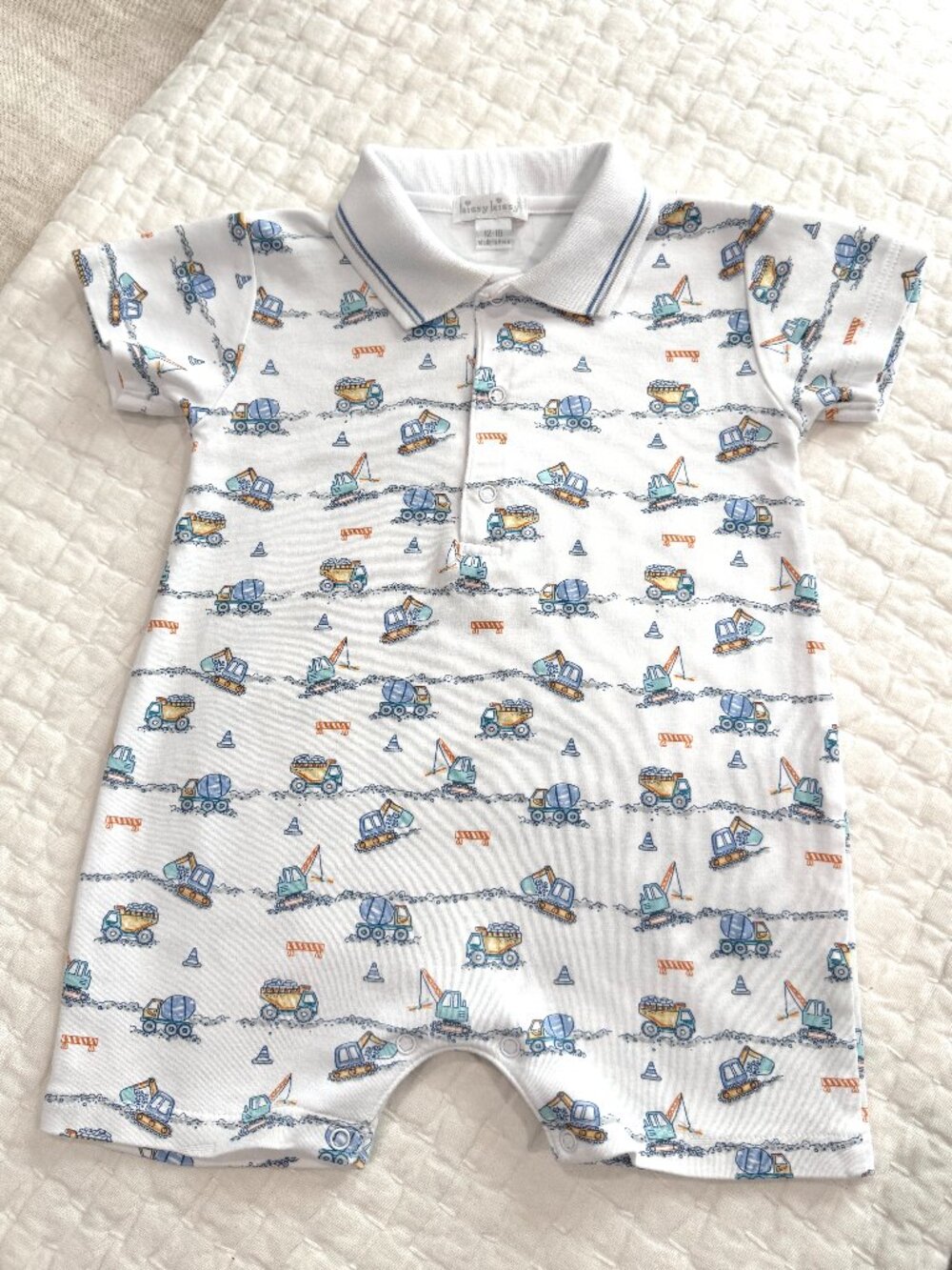Kissy Kissy Construction Junction Print Short Playsuit w/ Collar, Size 12-18M